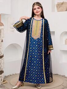 SHEIN رمضان جلابيه  Tween Girl Casual Long Sleeve Mesh Jacket With Dress الملابس التقليدية العربية