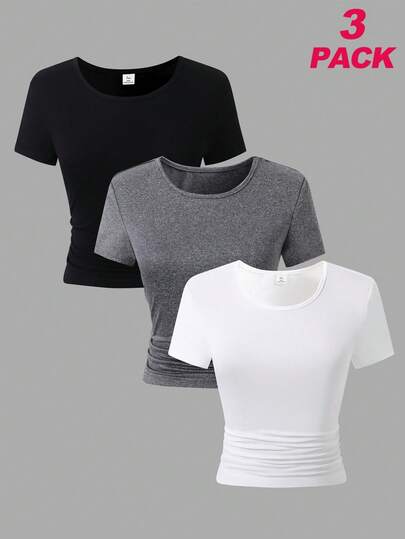 SHEIN ChillGRL Set de 3 camisetas de manga corta ajustadas de punto de unicolor básico elegante y casual con decoración de fruncido en la cintura, una combinación versátil, adecuada para adolescentes y mujeres, multicolor, Día de San Valentín