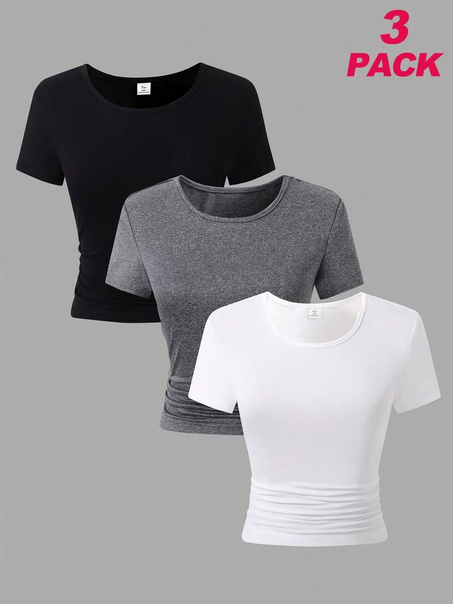 SHEIN ChillGRL Bộ 3 áo thun tay ngắn dệt kim màu trơn đơn giản, thanh lịch, có nút thắt eo, phối đồ đa năng, phù hợp cho thanh thiếu niên và phụ nữ, nhiều màu sắc, ngày lễ tình nhân - Màu xám đen - Xem 1