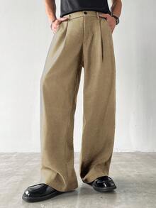 Manfinity Hypemode Casual Pocketed Wide Leg Thick Pants For Men, Autumn - Khaki - View 4