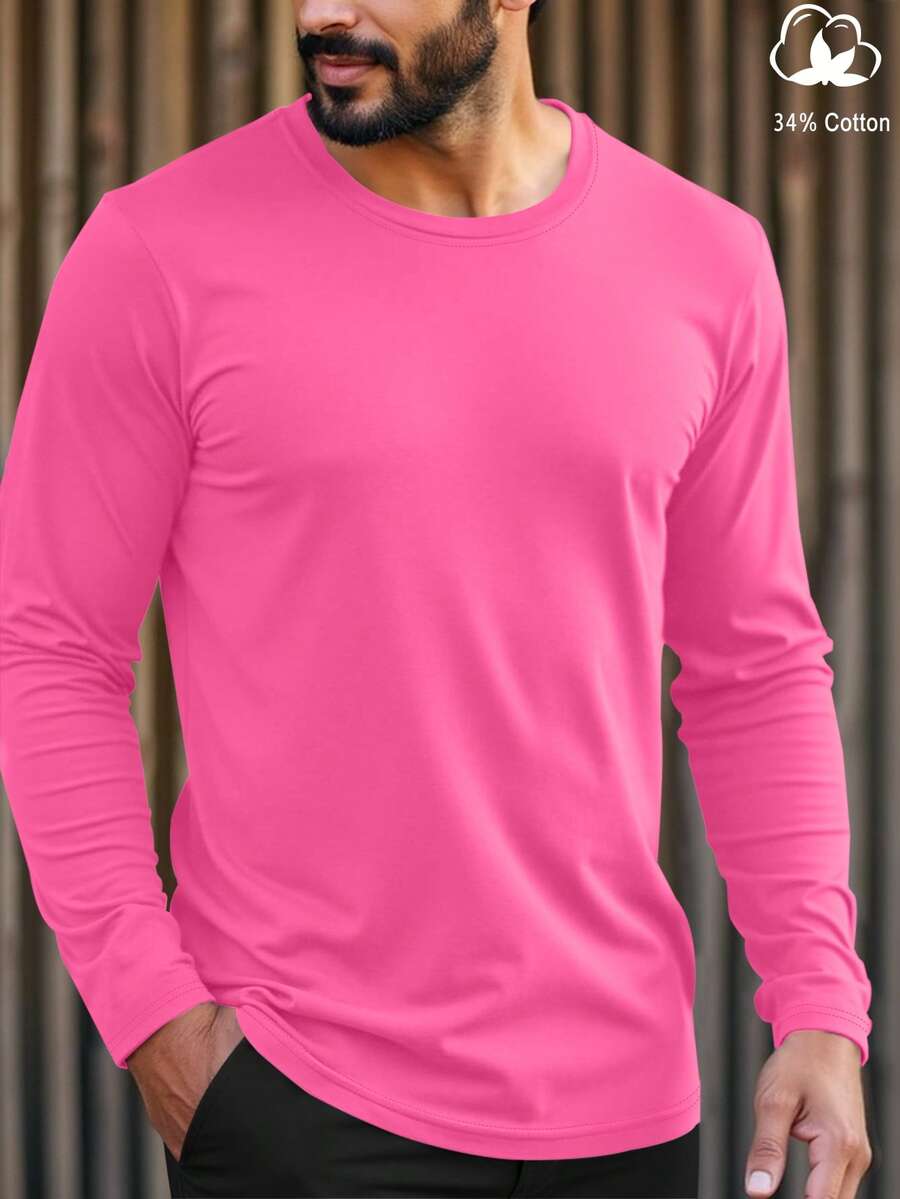 Manfinity Homme Men's Casual Solid Color Round Neck Long Sleeve T-Shirt, Autumn - Pink - View 1