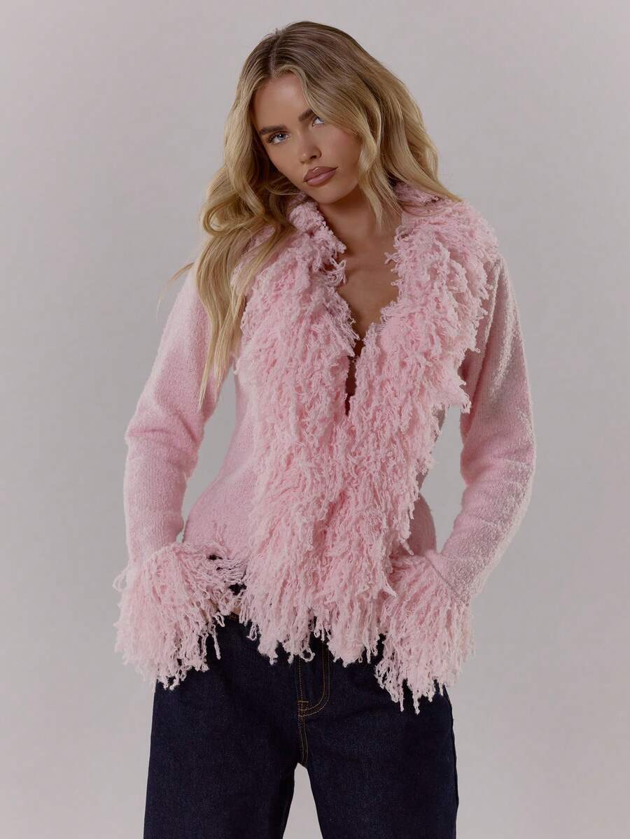 MUSERA Áo khoác cardigan dệt kim viền xù, ôm dáng, ấm áp, mềm mại, dễ thương, phong cách thường ngày, thích hợp cho quán cà phê, câu lạc bộ, mùa đông, lễ tình nhân, thanh lịch, mùa xuân, mùa hè, kỳ nghỉ, lễ hội. - Hồng - Xem 1