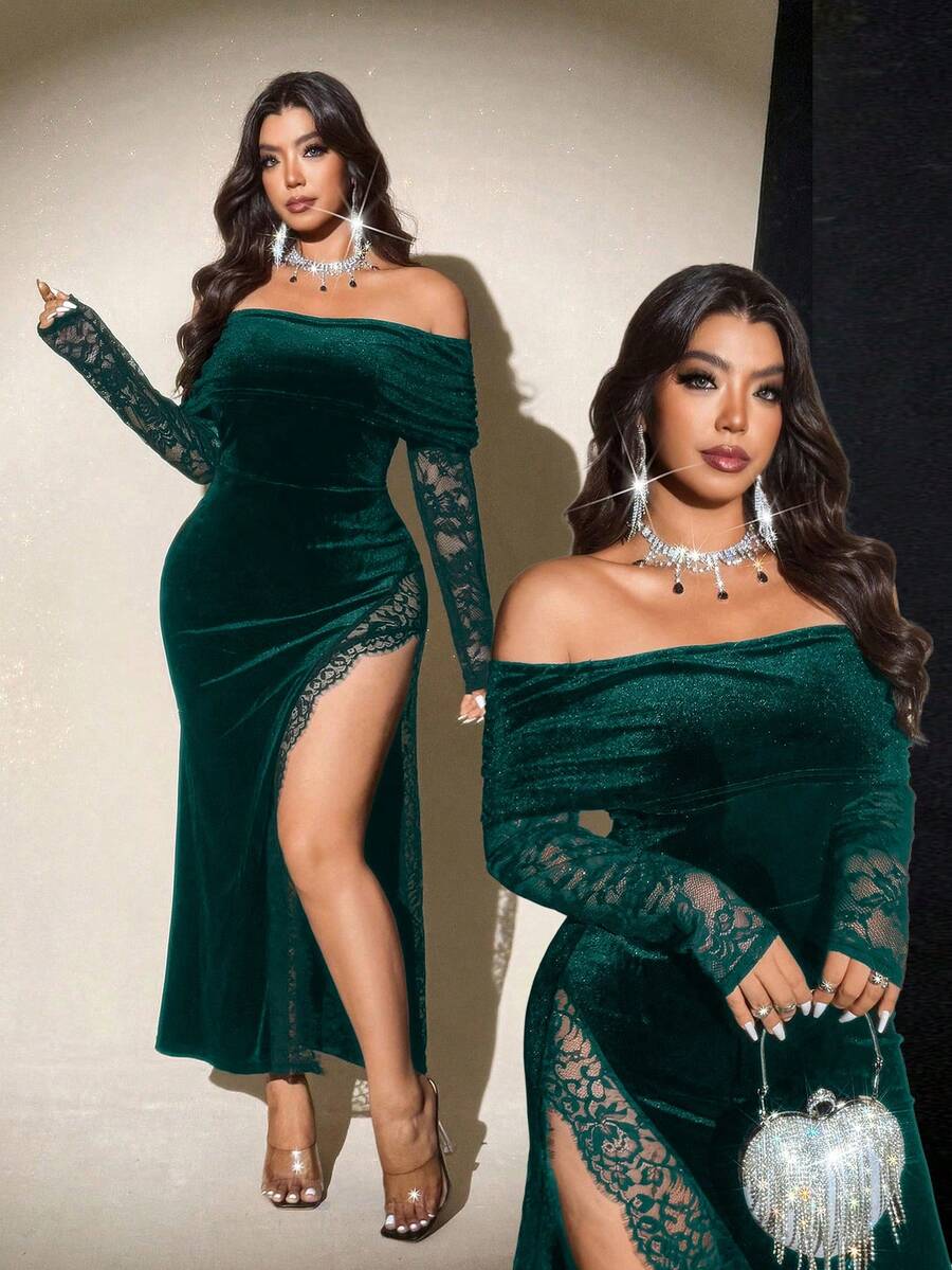 Viva Relle 大码女士优雅性感派对天鹅绒蕾丝拼接露肩收腰高开衩连衣裙,春秋季 - 墨綠色 - 查看 1