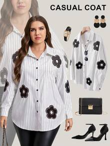 SHEIN LUNE 大码格子印花前襟纽扣贴袋休闲长袖衬衫，适合感恩节、新年、冬季等各种场合穿着。 - 彩色 - 查看 3