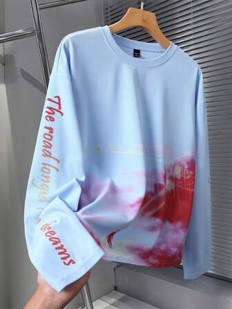 Manfinity Roghcode Tricou bărbătesc cu guler rotund, casual, cu mânecă lungă, imprimeu grafic supradimensionat