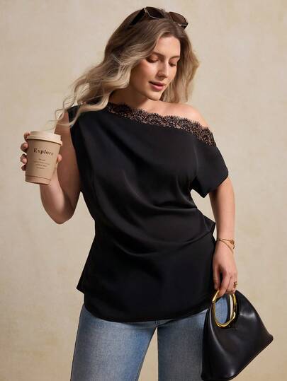 Elegantrix Plus Size Women Elegant Lace Trim Asymmetric Collar Blouse, Suitable For Office, Casual, And Vacation Wear, Spring/Summer