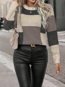 EMERY ROSE Women's Round Neck Long Sleeve Color Block Printed Loose Comfortable Sweater Pullover For Daily Casual,Long Sleeve Tops Knit Pullover Fall Winter Outfit