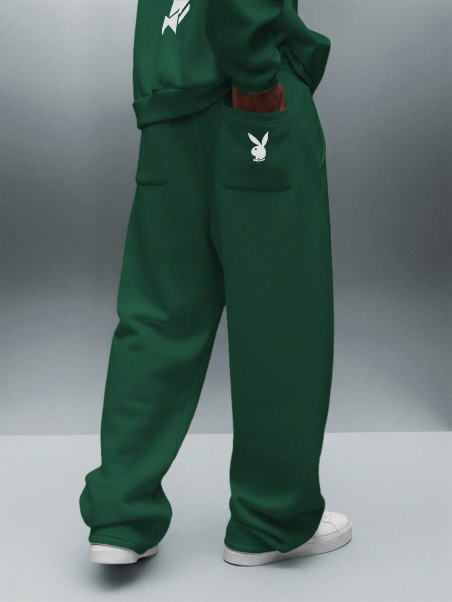 PLAYBOY X SUMWON Wide Leg Sweatpants With Drawstring Waist And Bunny Logo Embroidery For Casual Loungewear - Green - View 1
