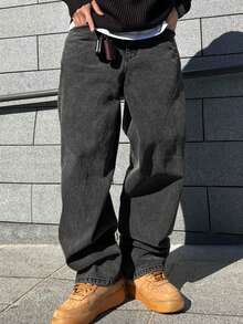 DAZY Men's Plain Dark Grey Washed Denim Jeans, Autumn - Grey - View 1