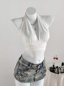 SHEIN EZwear Summer Solid Backless Crop Halter Top - White - View 4