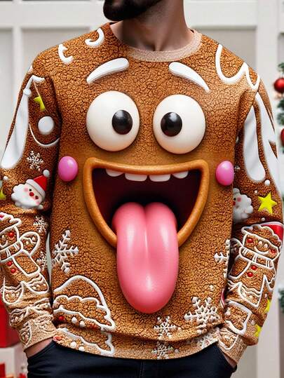 Manfinity ZONE917 Plusstorlek Casual Jul Fuskpäls 3D Pepparkaksgubbe & Snöflinga Jultomtetryck Fleece Tröja