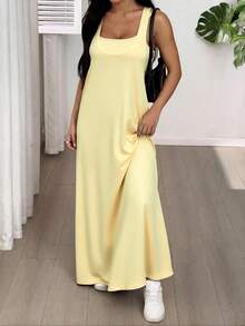 SHEIN EZwear 女士不对称领无袖休闲连衣裙，夏季连衣裙，内置胸罩，米黄色连衣裙 - 淡黃色 - 查看 6
