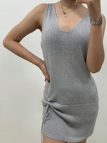SHEIN LUNE Women Summer V-Neck Pleated Sleeveless Sweater Dress - Grey - View 3