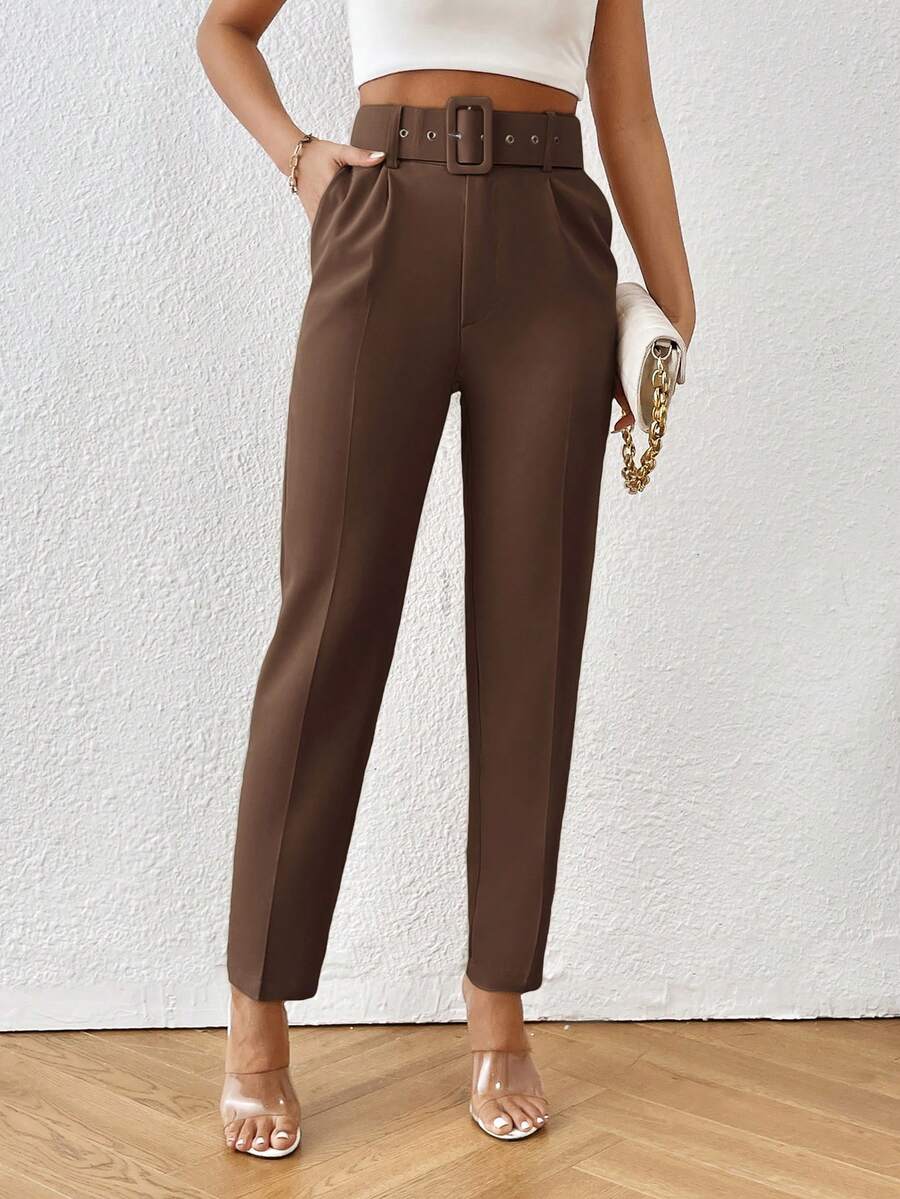 Aveloria Modichic High Waist Slant Pocket Belted Pants Workwear - Coffee Brown - View 1