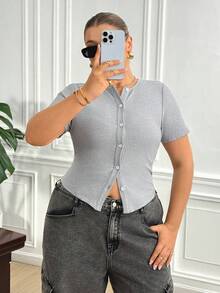 Truni Fall Clothes For Women,WinterPlus Size Solid Color Minimalist Casual Round Neck Short Sleeve T-Shirt - Grey - View 6