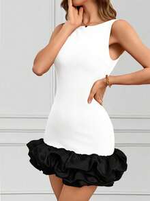 INAWLY Đầm ngắn mùa hè thời trang nữ, cổ tròn, không tay, hở lưng, phối màu. - Đen và trắng - Xem 5