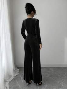 Elenzga Metal Buckle Waist Velvet Jumpsuit For Women, Party & Gathering - Black - View 2