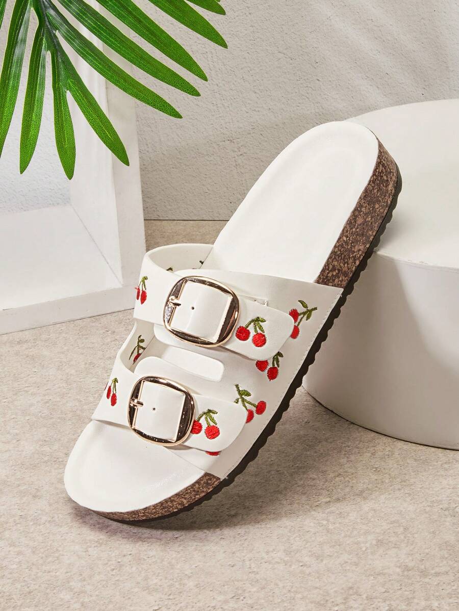 SHUZIA Dép lê nữ màu trắng bằng da giả, đế cork, thêu hình quả anh đào, khóa đôi – Dễ thương, tinh nghịch và sành điệu. Thích hợp cho Ngày Valentine. - trắng - Xem 1