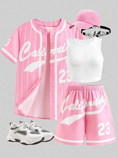 Sparklyn 3pcs/Set Teenage Girls Fashion Sports Outfit - Black Striped Retro Letter Print Loose Jacket Shirt, White Fitted Camisole, Yellow Shorts