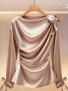 Modelyn 优雅纯色高品质缎面褶皱蝴蝶结腰部长袖女式衬衫 - 香檳色 - 查看 1