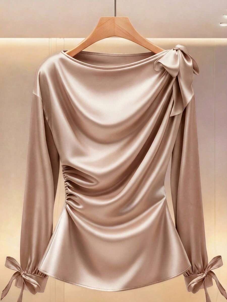 Modelyn 优雅纯色高品质缎面褶皱蝴蝶结腰部长袖女式衬衫 - 香檳色 - 查看 1
