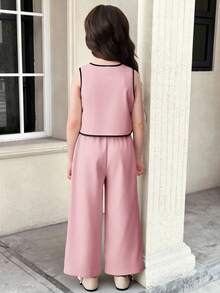 SHEIN 两件套少女纯色针织无袖上衣和打底裤休闲套装 - 藕粉色 - 查看 4