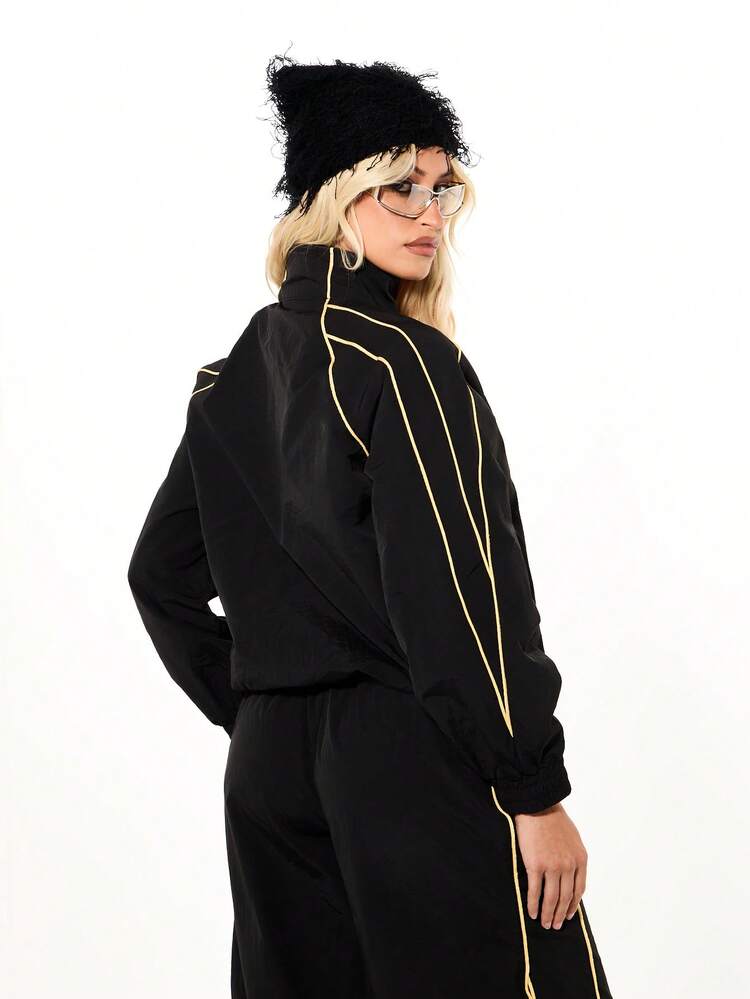 SUMWON WOMEN Oversized Windbreaker Jacket With Elastic Cuffs And Gold Contrast Piping Details Perfect For Spring Fall Layering
