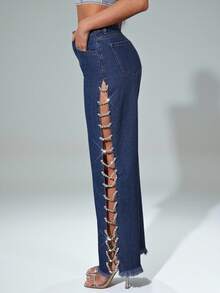 Denimoi Fall Women Clothes, Blue Sexy Loose Fit Light Wash Denim Split Side Rhinestone Gem Link, Wide-Leg Jeans. For Everyday Wear, Going Out, Concerts, Festivals - Blue - View 7