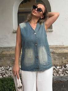 Jeta Ari 1pc Button Front Vest Denim Top - Light Wash - View 5