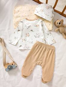 SHEIN 3pcsNewbornBaby Cartoon-Printed Autumnwhite Long-Sleeve Tops, Paired With Matching Pants And Hats. Cute Outfits Suitable For Spring And Autumn Travel, - Apricot - View 4