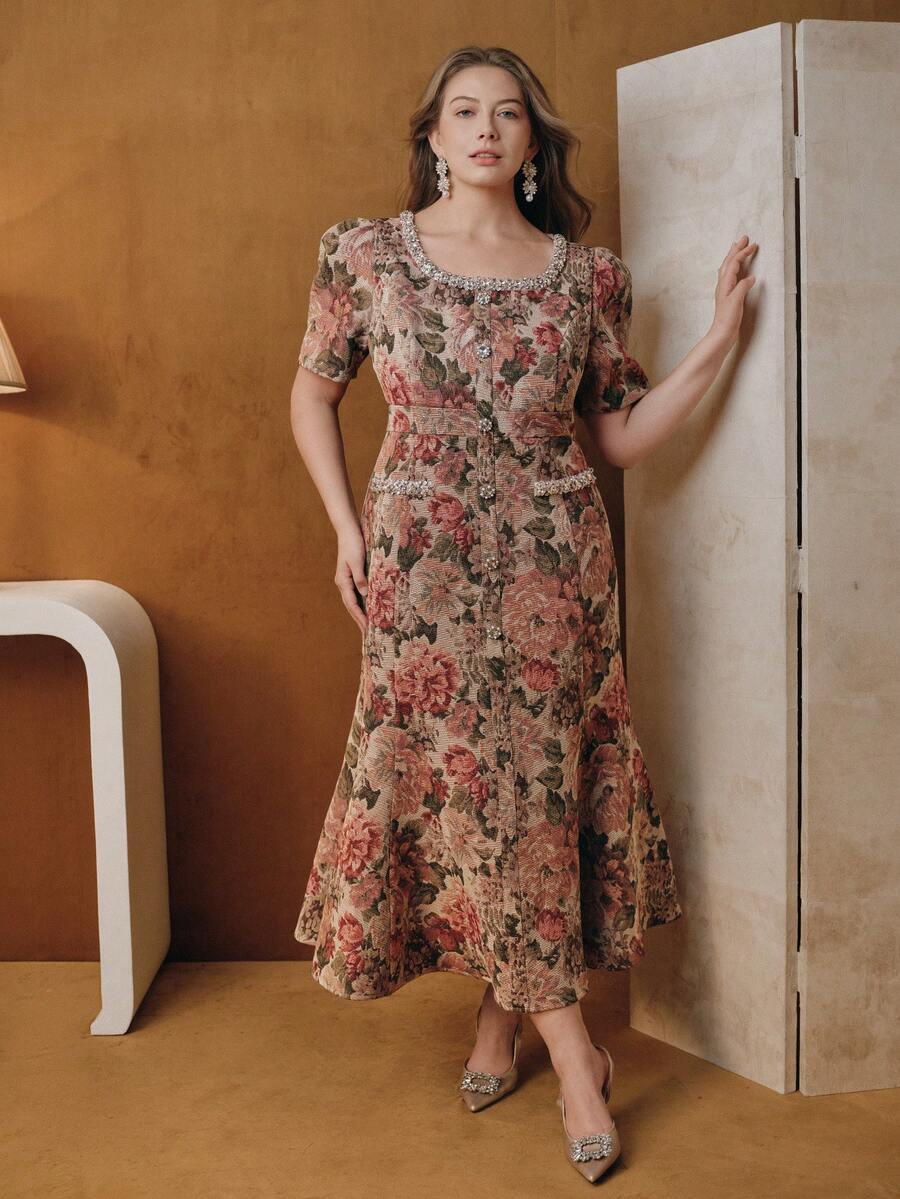 Anewsta 优雅钻石装饰印花短袖连衣裙，适合女士出席正式场合 - 中紫紅色 - 查看 1