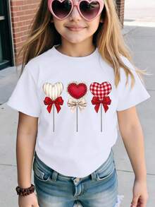 SHEIN Áo thun ngắn tay in hình trái tim cho bé gái, áo trắng in hình trái tim và kẹo mút sáng tạo, kiểu áo đa năng cho mùa xuân/hè. - trắng - Xem 1