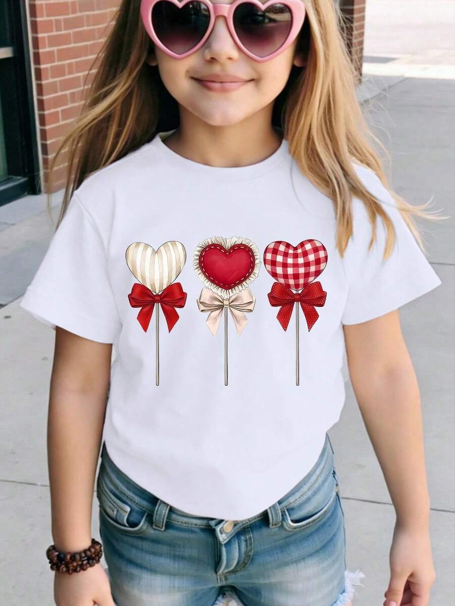 SHEIN Áo thun ngắn tay in hình trái tim cho bé gái, áo trắng in hình trái tim và kẹo mút sáng tạo, kiểu áo đa năng cho mùa xuân/hè. - trắng - Xem 1