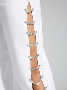 Denimoi Calça Branca Larga Feminina, Denim da Moda com Abertura Vazada na Perna, Bolsos Decorados com Strass, Roupas Femininas de Outono, Looks de Outono. Para Uso Diário, Sair, Concertos, Festivais - Branco - Visão 3