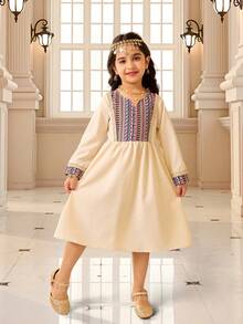 1pc Young Girl Embroidered A-Line Dress, Colorful Embroidered Pattern With Childlike Charm, Suitable For Holidays, Birthday Parties, Banquets - Beige - View 1