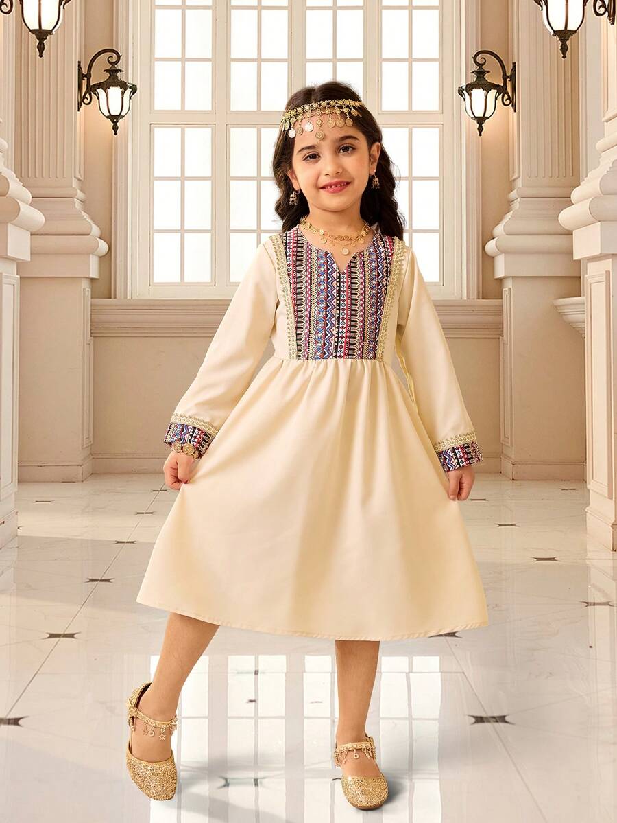1pc Young Girl Embroidered A-Line Dress, Colorful Embroidered Pattern With Childlike Charm, Suitable For Holidays, Birthday Parties, Banquets - Beige - View 1