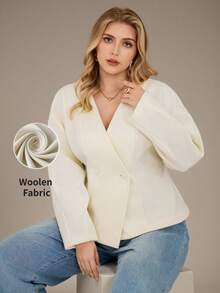 Auralis Plus Size White Elegant Office V-Neck Wrap Waist A-Line Coat,French Casual Long-Sleeved Sophisticated Commuter Western Wear Korean Fashion Fall/Winter - Apricot - View 2