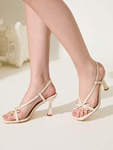CUCCOO CHICEST Women's Pointed Toe Bowknot Elegant High Heel Sandals, Casual Commute Outfit For Spring For Christmas - Beige - View 2