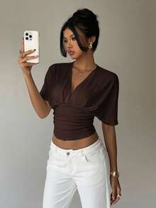 Aloruh Áo thun nữ tay ngắn cổ chữ V sâu màu mơ viền bo gấu - Cà phê nâu - Xem 7