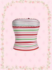 Strawberry Shortcake | ROMWE Women's Casual Sweet Striped Cartoon Contrast Lace Strapless Top, Summer - Multicolor - View 2