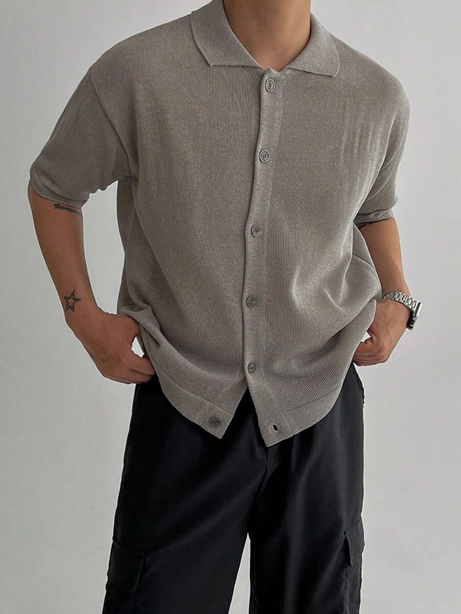 DAZY Men's Solid Color Khaki Cardigan Knit Top, Summer Spring - Khaki - View 1