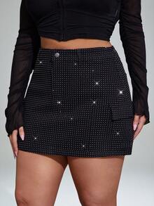 Denimoi 大码牛仔裙配水钻装饰，简约时尚，适合夏季 - 黑色 - 查看 5