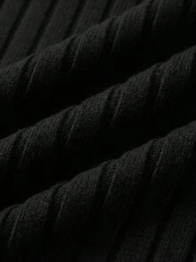 SHEIN 少女红色罗纹高领宽松腰部修身臀部褶皱连衣裙，休闲优雅复古百搭叠穿长袖短款连衣裙，适合圣诞派对、冬季穿着 - 黑色 - 查看 4