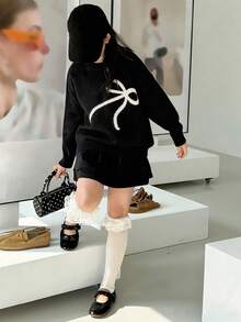 Dazy Kids 少女圆领蝴蝶结装饰长袖毛衣，秋冬季 - 黑色 - 查看 4