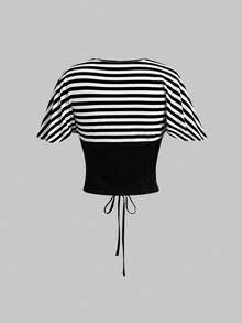 ROMWE Hippie 女士条纹拼接系腰露脐上衣 - 黑與白 - 查看 2