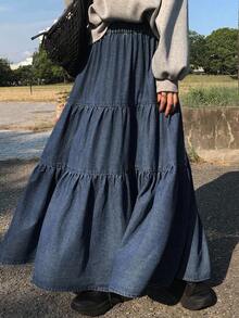 FRIFUL 女士时尚休闲长款牛仔裙 - 藍色 - 查看 6