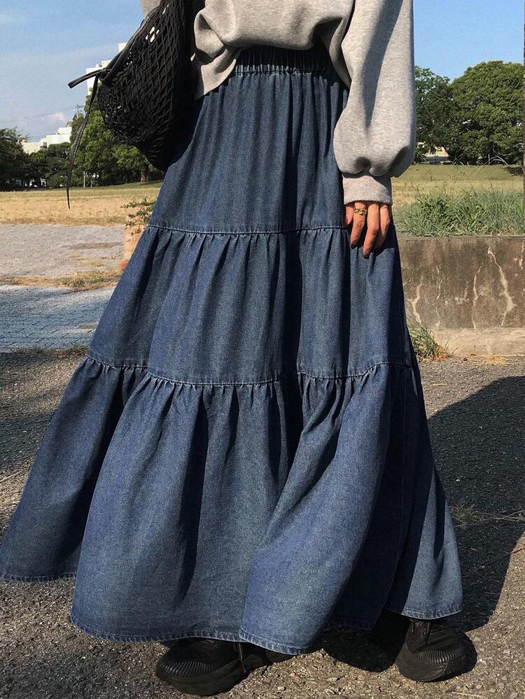 Women's Elastic Waist Long Casual Denim A-Line Skirt