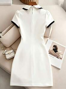 SHEIN Franclia Black & White Contrast Decor Elegant Collared Dress, Collegiate Style For Women Summer Dress Valentines Day Dress Beach Dress Party Dresses Wedding Guest Dress Elegant Dresses Vacation Outfits Women Floral Dress White Dress Chinese Standing Collar Dress Holiday Dress Casual Dress Graphic Dress - Black and White - View 2