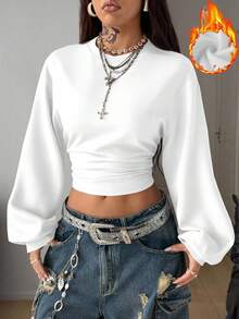 Coolane Damska, minimalistyczna, biała, puszysta bluza z długim rękawem i ściągaczem w pasie, uniwersalna i uliczna, odpowiednia na jesień/zimę