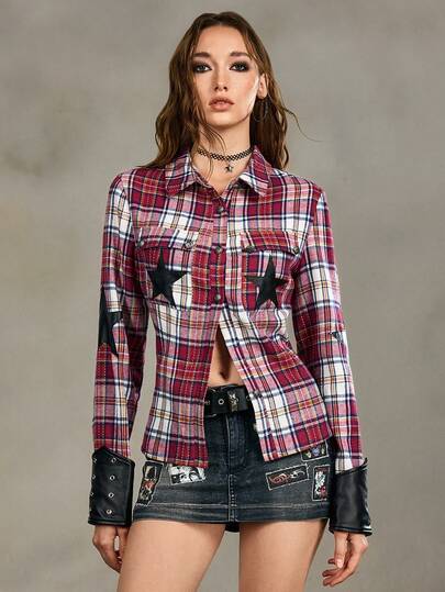 Grunge Punk Vintage PUNK Red & Black Plaid Patchwork PU Star Applique Slim Fit Shirt
